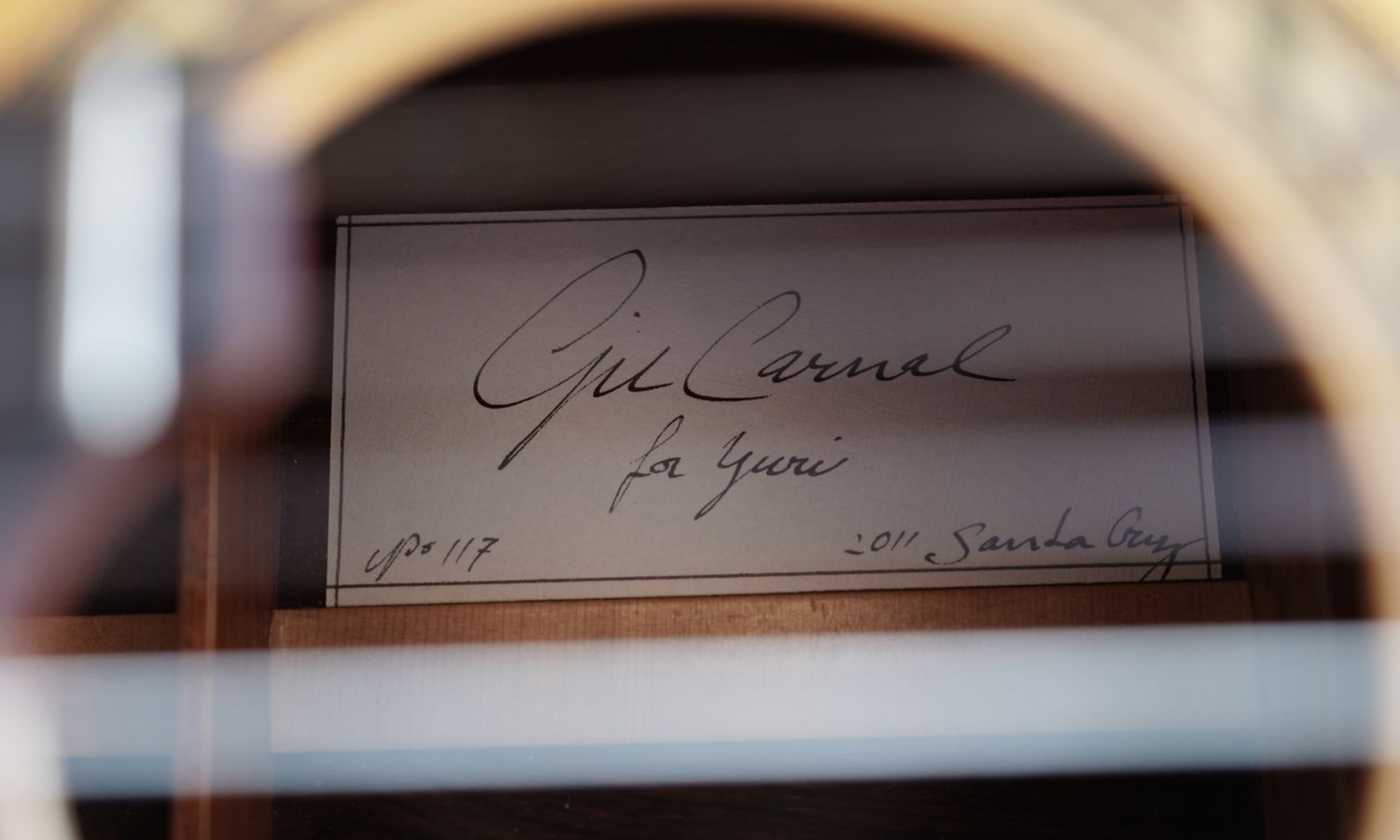 Handwritten label seen through the soundhole: Gil Carnal, for Yuri, № 117, 2011 Santa Cruz
