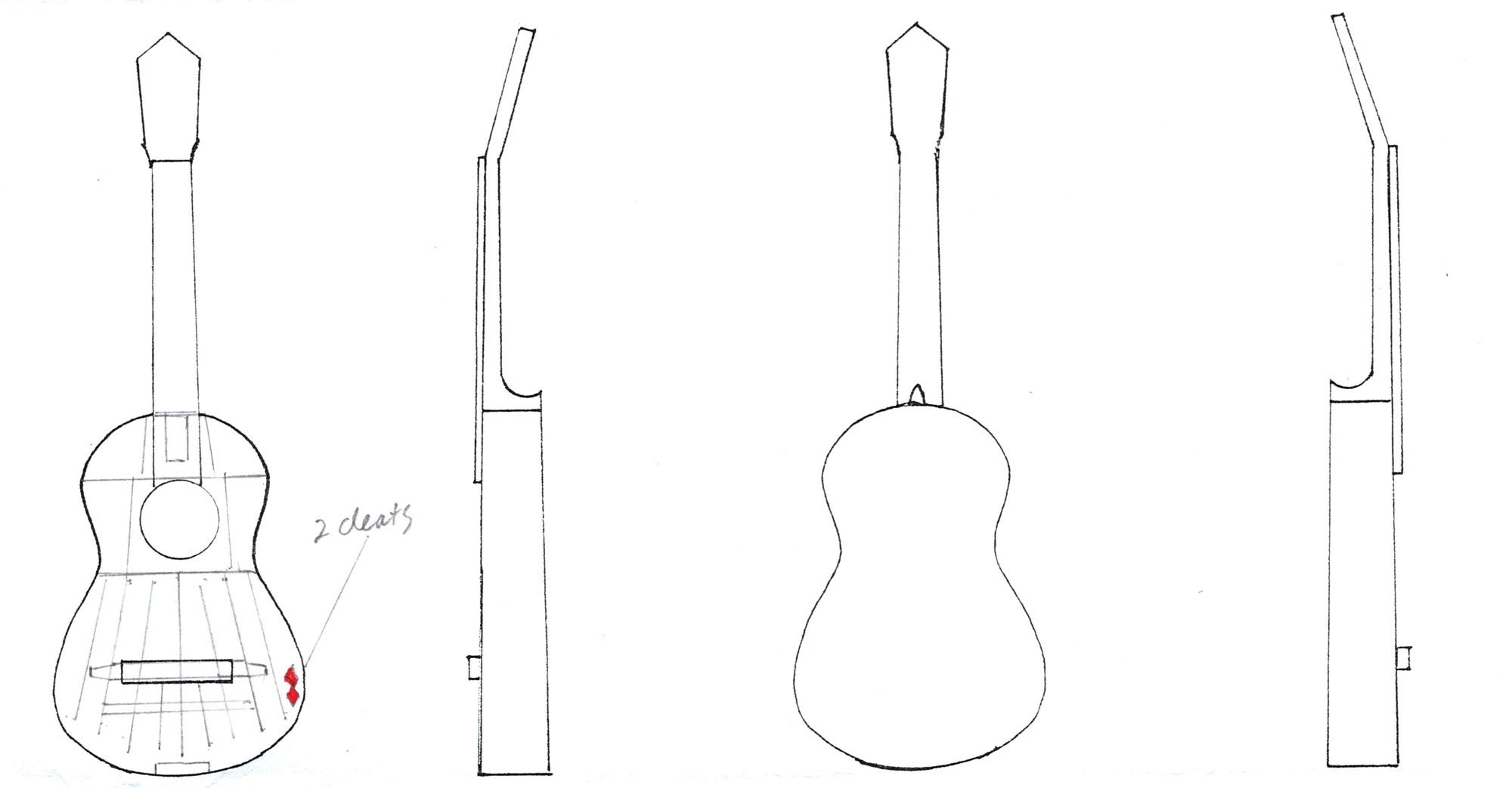 Pen drawing of a classical guitar in four views, front with the fan bracing sketched through the top, side, back and other side, with two small red diamonds marked 'two cleats' on the lower bout