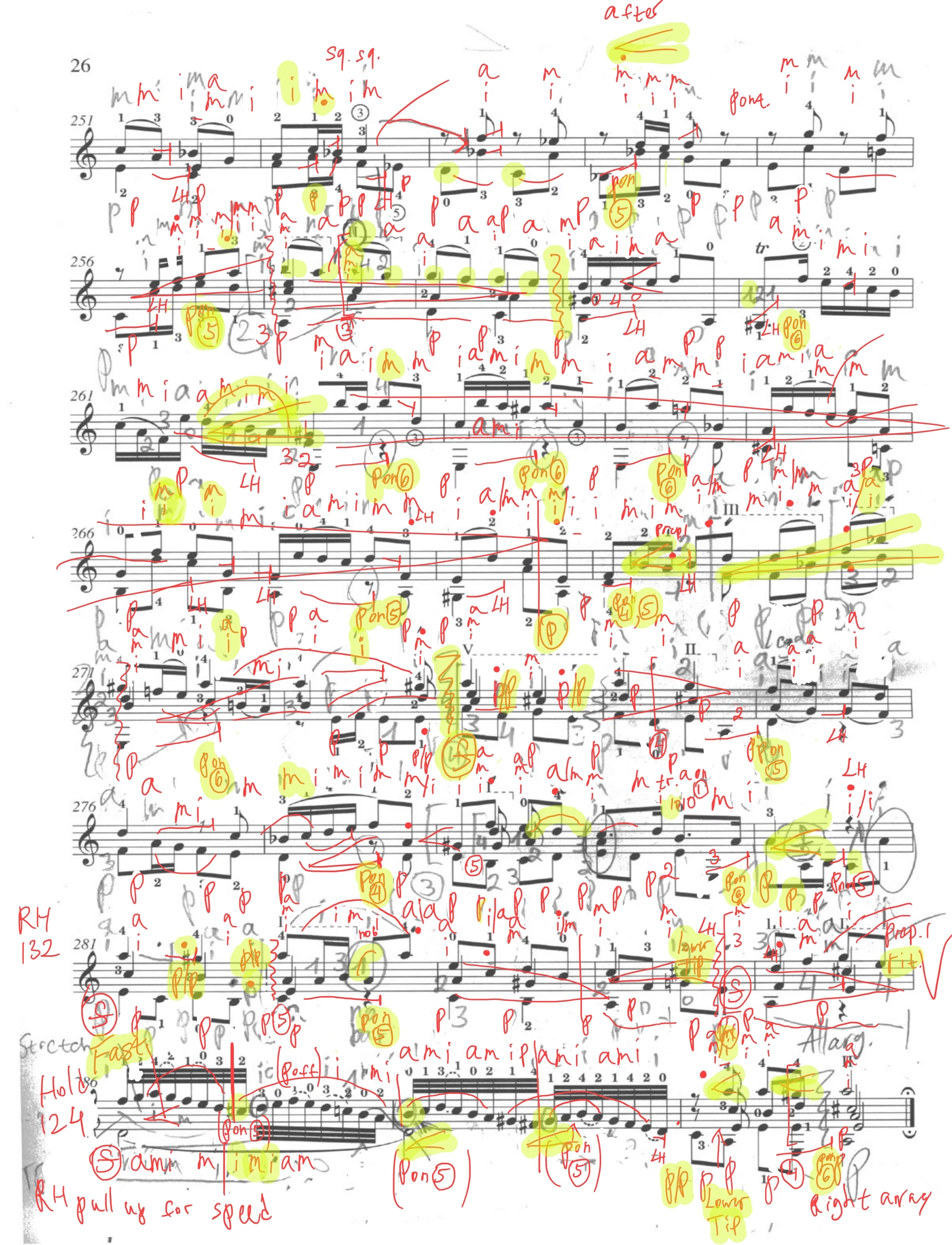 A densely annotated page of J. S. Bach’s Sonata in A minor, with Yuri Liberzon’s fingerings, performance notes, and highlighted alternatives.