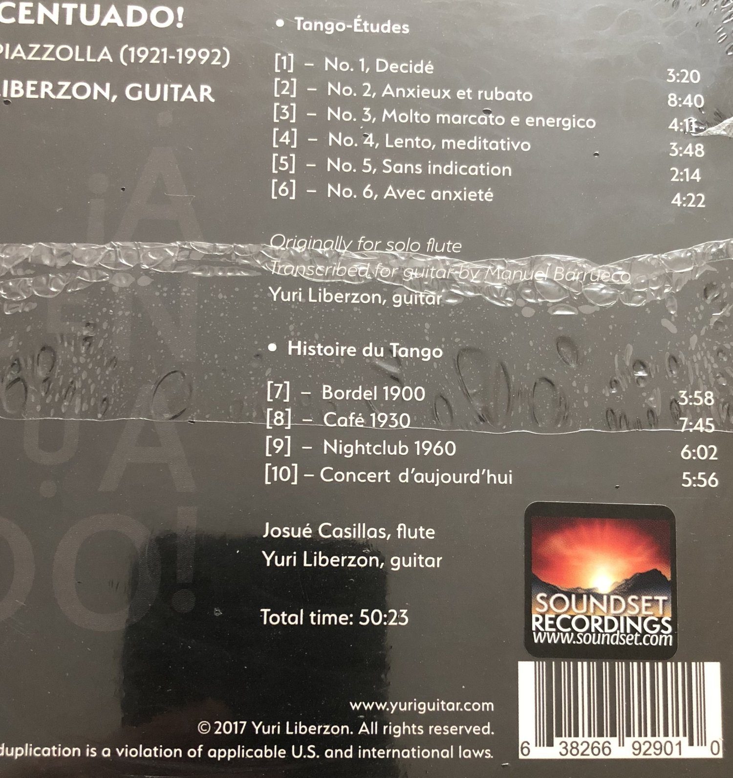 Back of the ¡Acentuado! CD, listing Piazzolla’s Tango-Études and Histoire du Tango, with the Soundset Recordings logo