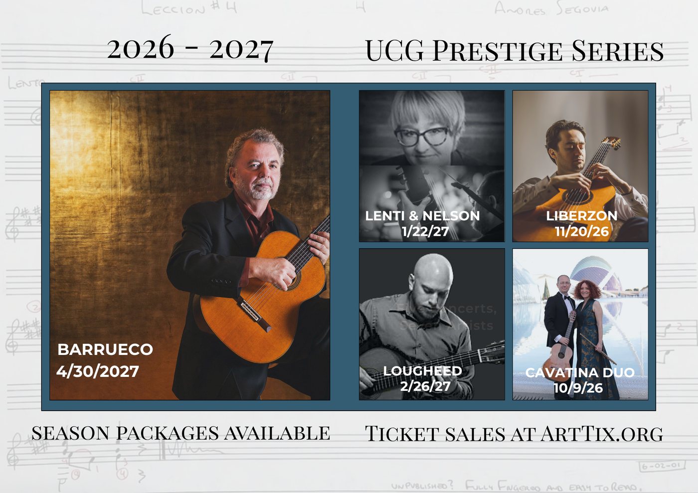 Season poster for the Utah Classical Guitar Prestige Series 2026–2027: Manuel Barrueco (4/30/2027), Cavatina Duo (10/9/26), Yuri Liberzon (11/20/26), Lenti & Nelson (1/22/27) and Lougheed (2/26/27). Season packages available; ticket sales at ArtTix.org.